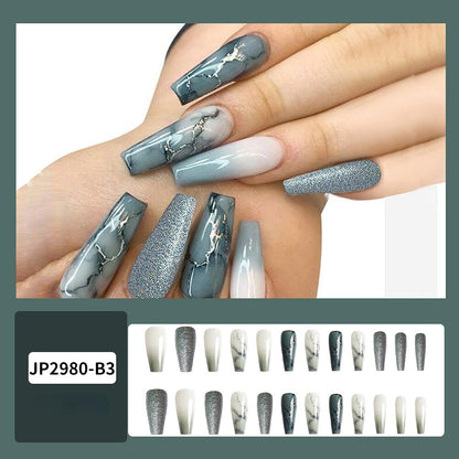 Sea Wave Carp Japanese Style Doodle False Nails Detachable Nude Pink Long Coffin Fake Nails with Glue Full Cover Press on Nails