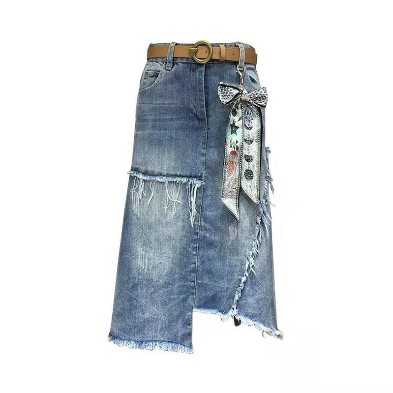 S-5XL Women Denim Skirt Spring Summer 2023 Fashion Casual Medium-long Package hip Irregular hem Slim Waist Skirts Jeans Female