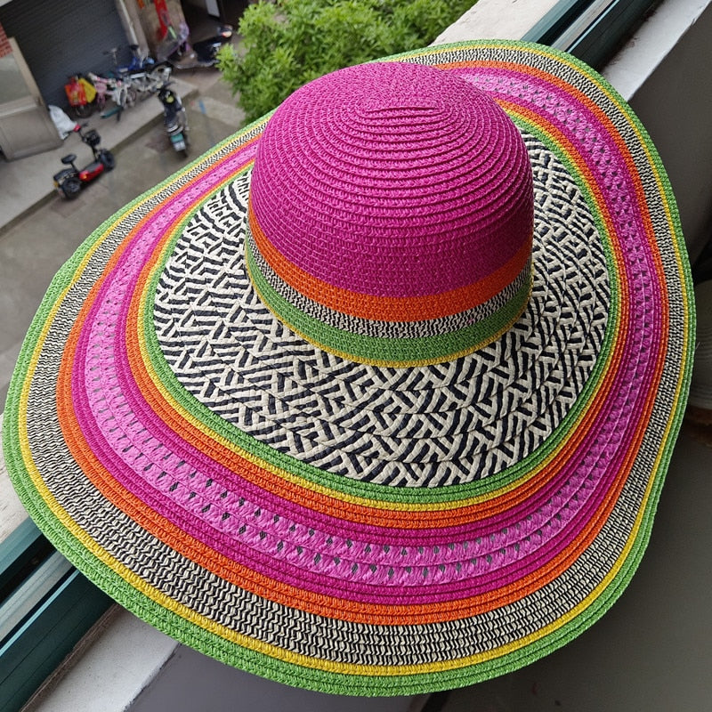 Rainbow striped big brim anti-ultraviolet sunshade sun hat beach sun hat with wire edge can be folded arbitrarily 3 M 56-58cm