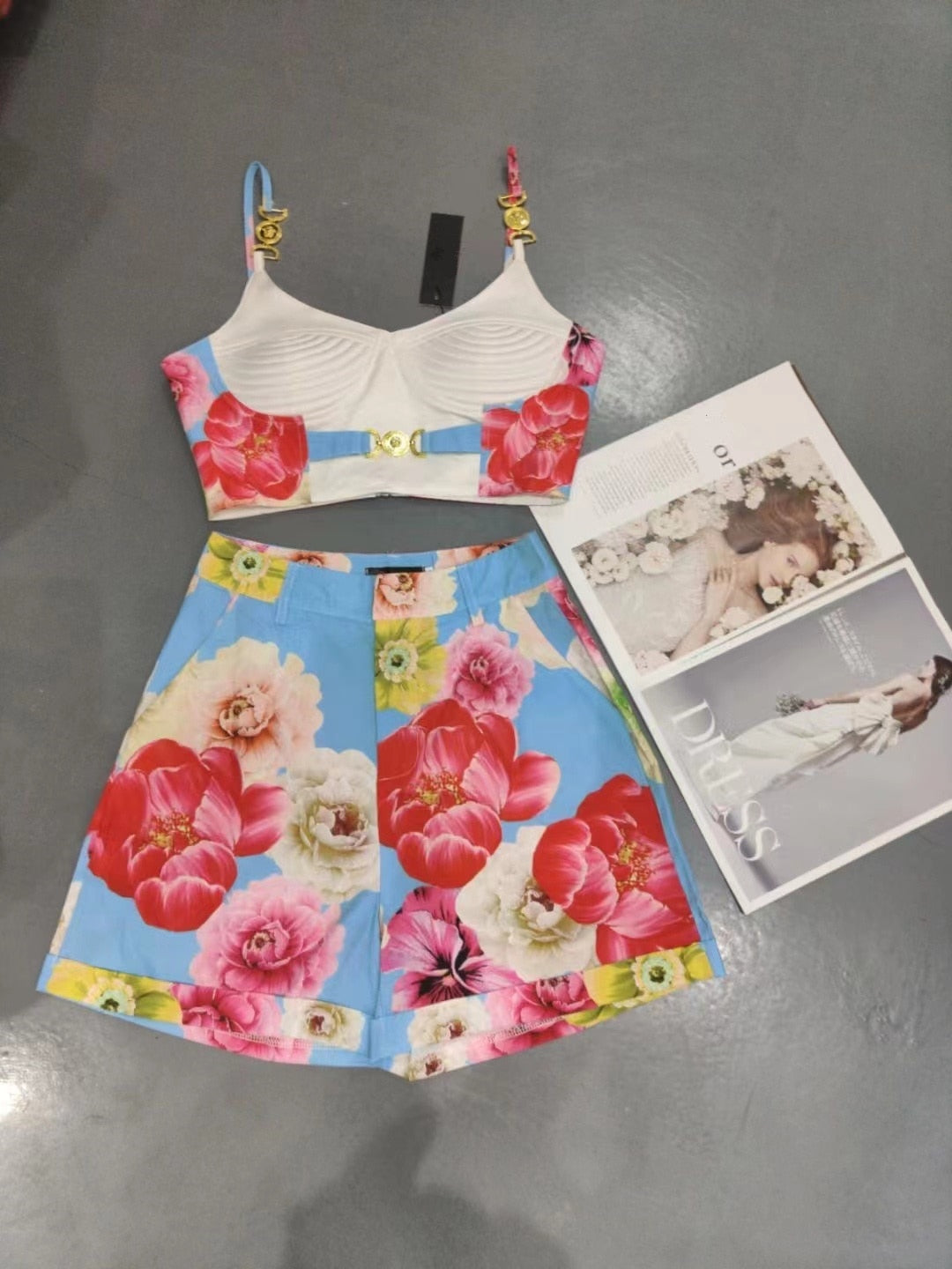 Woman tops satin 3D printing corset sexy women's camisole vest y2k clothes New metal buckle tube top + skirt suit bra 8