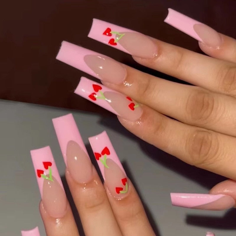 Sea Wave Carp Japanese Style Doodle False Nails Detachable Nude Pink Long Coffin Fake Nails with Glue Full Cover Press on Nails MT654JP1606