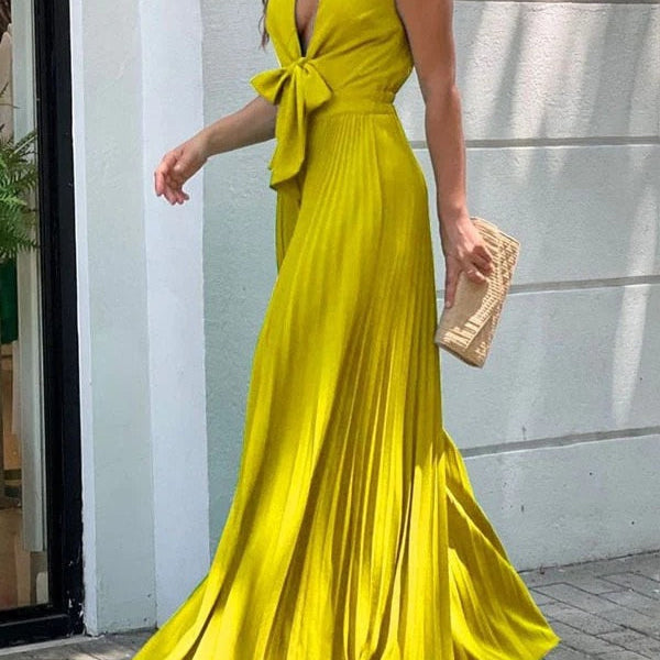 Onecozyday Stylish Sleeveless Lace-Up Pleated Deep V-Neck Sexy Jumpsuits Summer Vacation Party Prom Jump Suits For Women Sleeveless 4