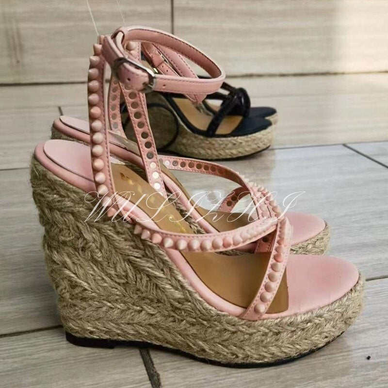 Women&#39;s Candy Color Rivet Design Wedge Sandals Summer Casual Open Slingback Platform Pink Yellow Sandals Cross Wrap Buckle Shoes