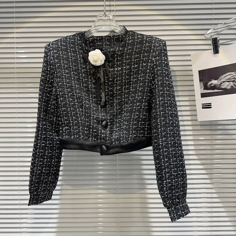 PREPOMP Autumn New Arrival Feathers Camisole Floral Pin Plaid Jacket Slim Shorts Three Piece Set Outfits Women GL610 Black Jacket