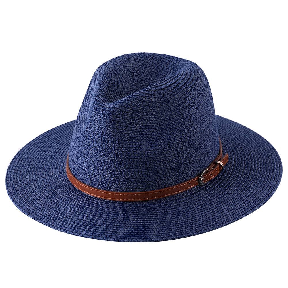 56-58-59-60CM New Natural Panama Soft Shaped Straw Hat Summer Women/Men Wide Brim Beach Sun Cap UV Protection Fedora Hat Navy02