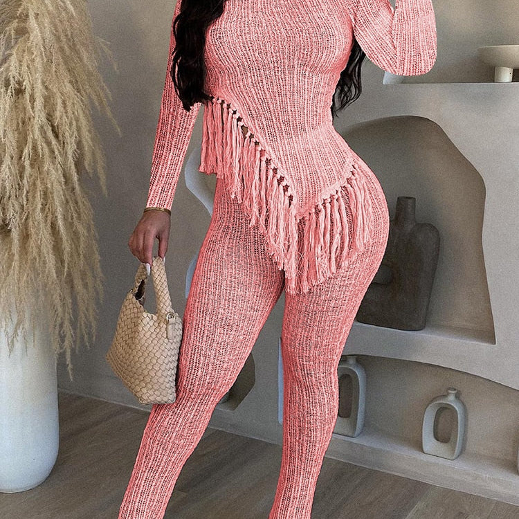 New In Fringe Tassel Long Sleeve Top and Pants Two Piece Set for Women Autumn Winter Birthday Party Club Night Outfit Pink Sets
