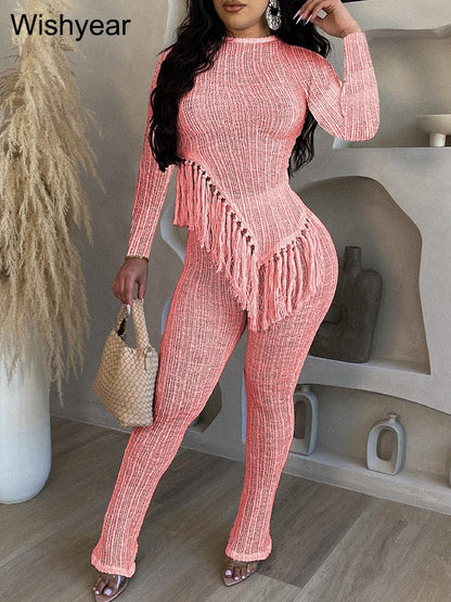 New In Fringe Tassel Long Sleeve Top and Pants Two Piece Set for Women Autumn Winter Birthday Party Club Night Outfit