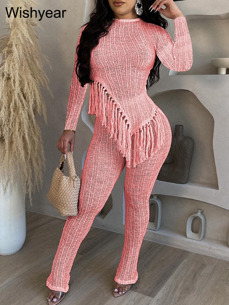 New In Fringe Tassel Long Sleeve Top and Pants Two Piece Set for Women Autumn Winter Birthday Party Club Night Outfit Pink Sets