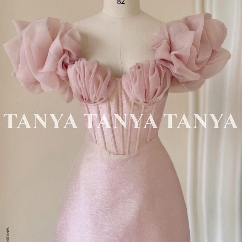 Sweety Strapeless 3D Floral Puff Sleeves A-Line Pleated Short Homecoming Dress Elegent French Tulle Party Gown Vestido Pink