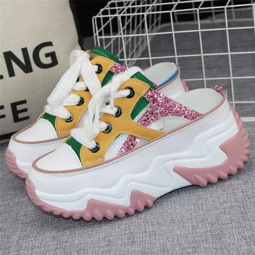 8cm New Glitter Leather Women Chunky Sneakers Platform Wedge Breathable Slippers Comfortable Hollow Summer Shoes Pink