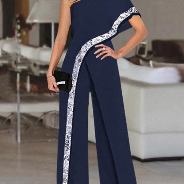 Women's Summer Rompers Elegant Office Formal Jumpsuits Casual Solid One Shoulder Sexy Loose Party Overalls Oversized Style B Navy