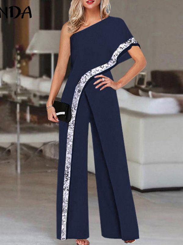 Women's Summer Rompers Elegant Office Formal Jumpsuits Casual Solid One Shoulder Sexy Loose Party Overalls Oversized Style B Navy