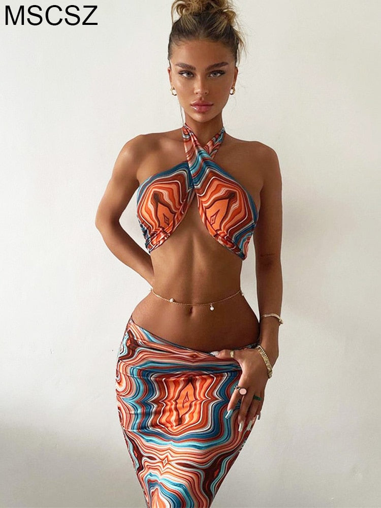 Marble Print Summer Beach Outfits For Women Halter Crop Top And Skirt Two Piece Set Sexy Vacation Outfits Bodycon Midi Skirt