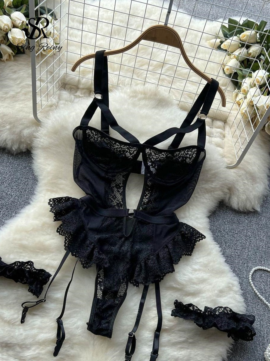 Shapewear Lace Lingerie Bodysuits Women Hollow Out Transparent Slim Sensual Rompers Hotsweet Erotic Sheer Playsuits