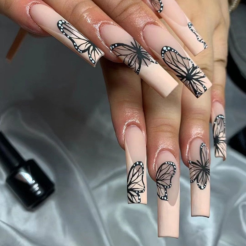 Sea Wave Carp Japanese Style Doodle False Nails Detachable Nude Pink Long Coffin Fake Nails with Glue Full Cover Press on Nails