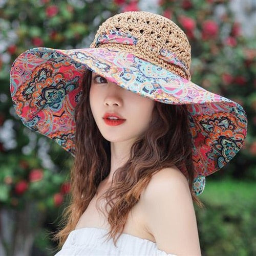 seaside hat summer beach hat female visor hat fashion fisherman&#39;s hat sunscreen sun hat anti-UV straw hats for women red One size 56-58cm