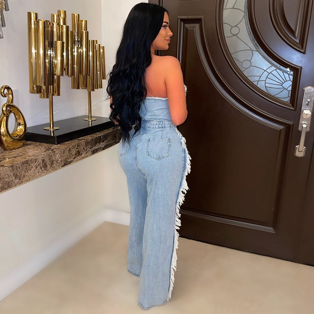 Vintage Hole Tassel Denim Jumpsuit Women New Fashion Sexy Off The Shoulder V Neck Rivet Club Party Romper Y2K One Pieces
