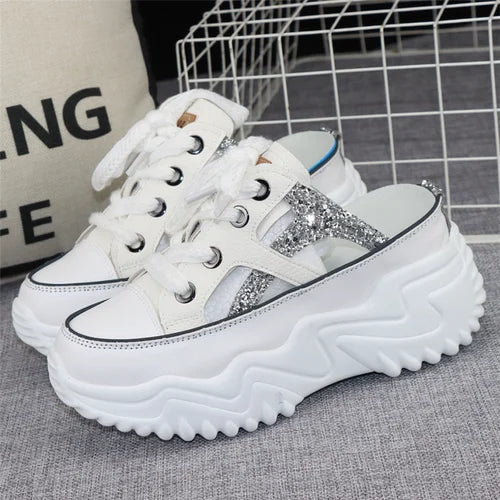 8cm New Glitter Leather Women Chunky Sneakers Platform Wedge Breathable Slippers Comfortable Hollow Summer Shoes White
