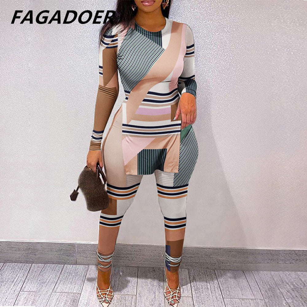 Fall Women Two Piece Sets Outfits Casual Print Side Slit Top And Skinny Pants Tracksuits Fashion Streetwear 2pcs Suits