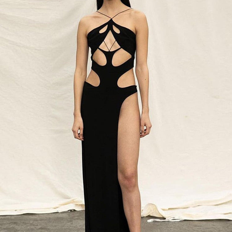 Cryptographic Fashion Black Halter Cut Out Hight Waist Split Long Dress Women Club Party Hot Sexy Backless Maxi Dresses Clothes