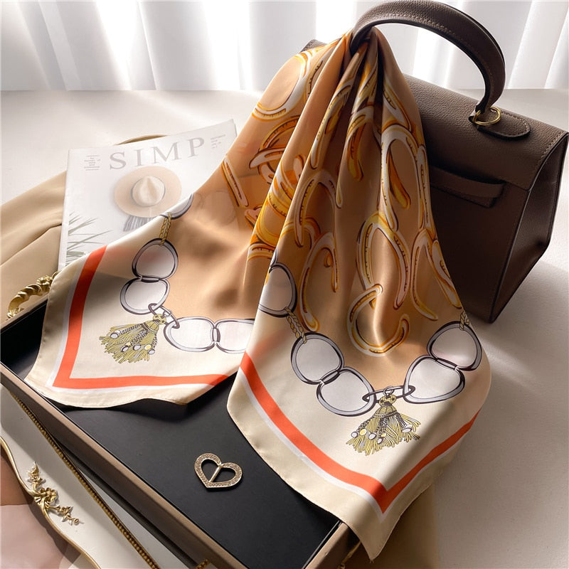 Fashion Hair Scarf for Women Decor Headband Ribbon Satin Silk Square Scarves Lady Wrist Wrap Shawls Design Bandana Foulard FJ710-3