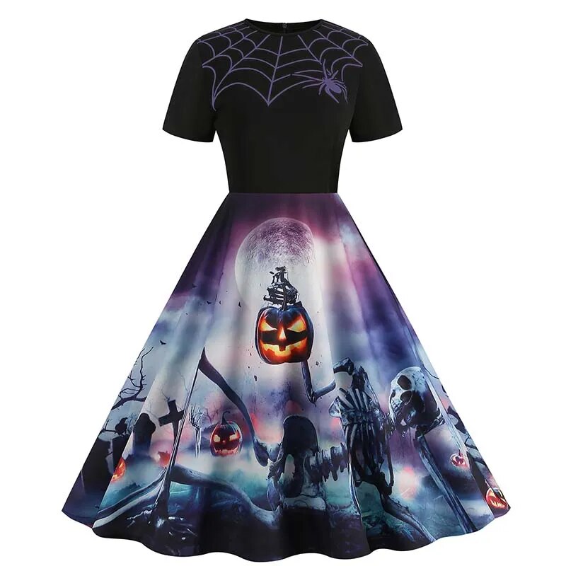 Women Halloween Costumes Dresses Short Sleeve Print Autumn Winter Vintage Party Dress Vestidos 008