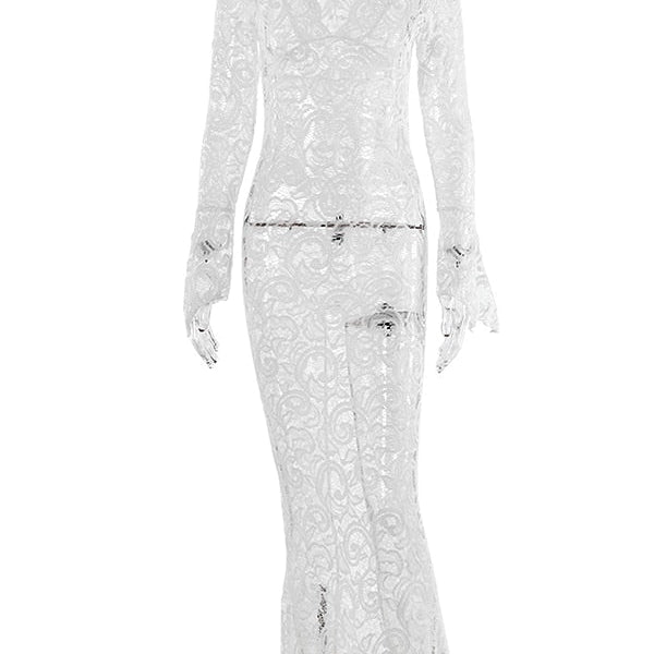 JULISSA MO 2023 Elegant Lace See Through V-neck Maxi Sexy Dress For Women Summer Chic Longsleeves Hollow Out Slim Floor Dress white