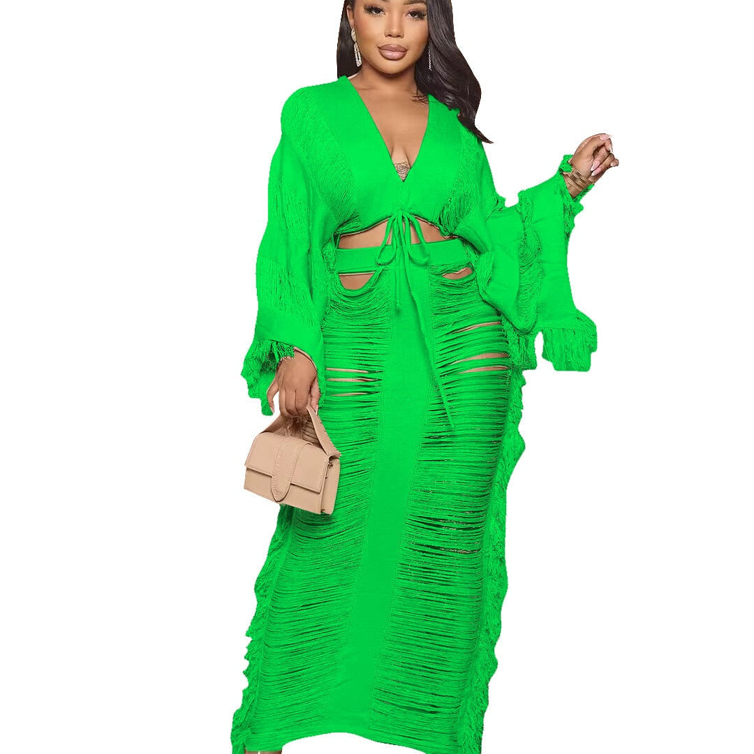 Elegant Hollow Out Hole Tassel 2 Piece Set Women Sexy Lace Up V Neck Crop Top + Long Skirts Skinny Club Party Beach Outfits 2023 green set