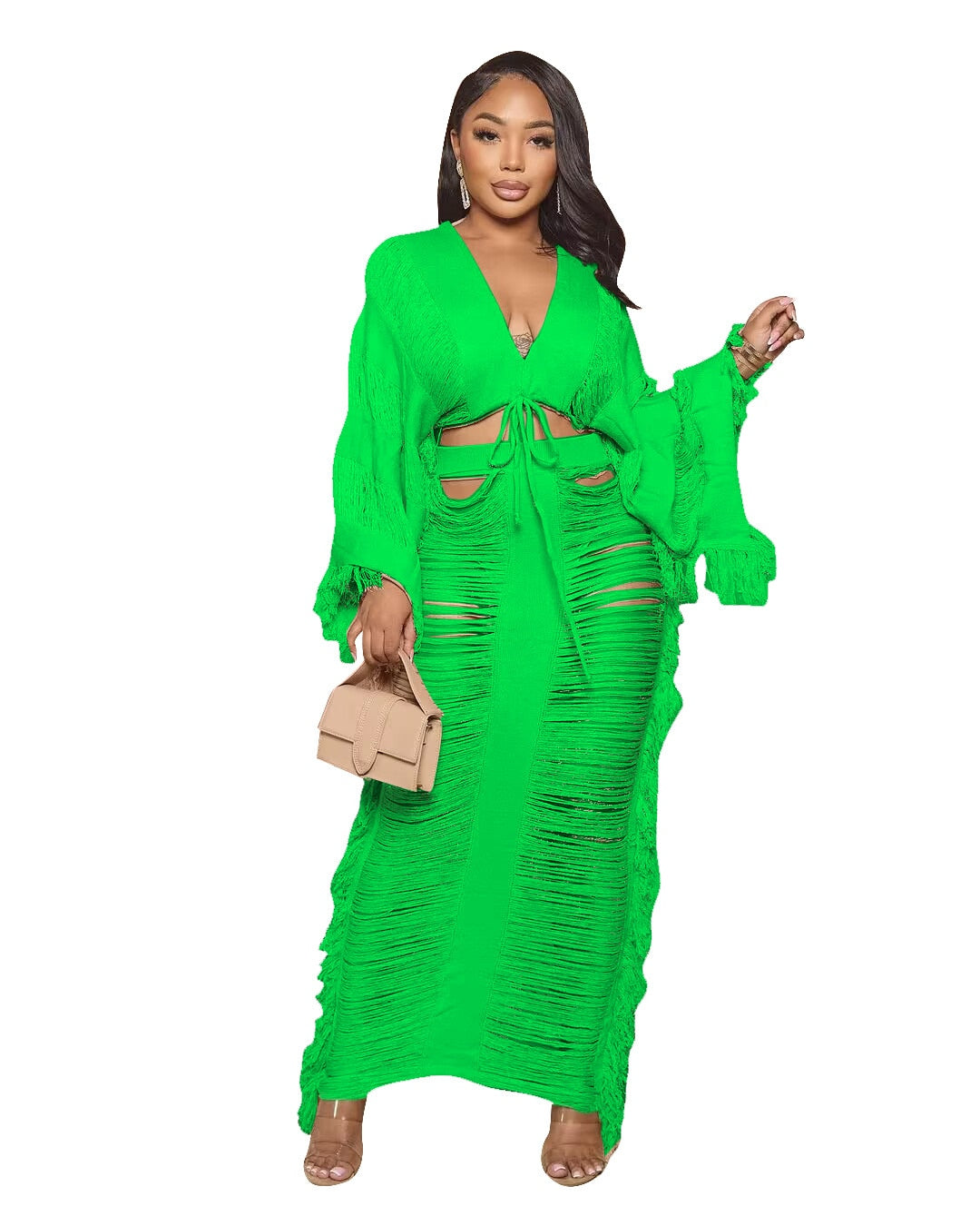 Elegant Hollow Out Hole Tassel 2 Piece Set Women Sexy Lace Up V Neck Crop Top + Long Skirts Skinny Club Party Beach Outfits 2023 green set
