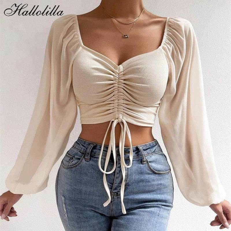 Sexy V-Ausschnitt Frauen Blusen Zeichnen Langarm Crop Tops Ladies Fashion Summer Shirt Frau Kleidung Blusas Camisas Mujer