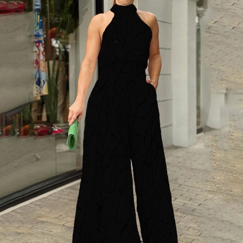 Elegant Women Sleeveless Jumpsuits Sexy Halterneck Long Rompers Wide Leg Pants Fashion Printed Bodysuit Jumpsuit Lady Outfit Black