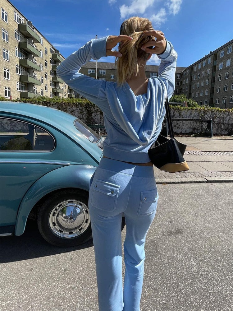 Women Autumn Winter Outfits Casual Zipper Sweater Hoodie Set High Waist Skinny Pants Suits Knitted Womens Y2k Two Piece Set light blue