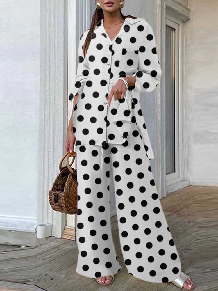 Fashion Women Leopard Print Pant Sets Casual Loose Tops and Pant Outfits Autumn Wide Leg Pant Leisure Two Piece Sets (Dot)White