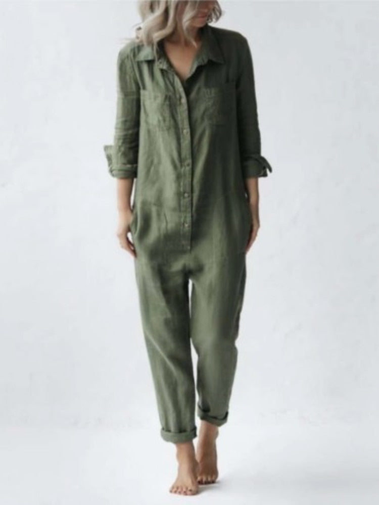 Vintage katoenen overalls mujer dames jumpsuits lente lange mouw knoppen één stuk outfit chic tuniek oversized groene jumpsuit