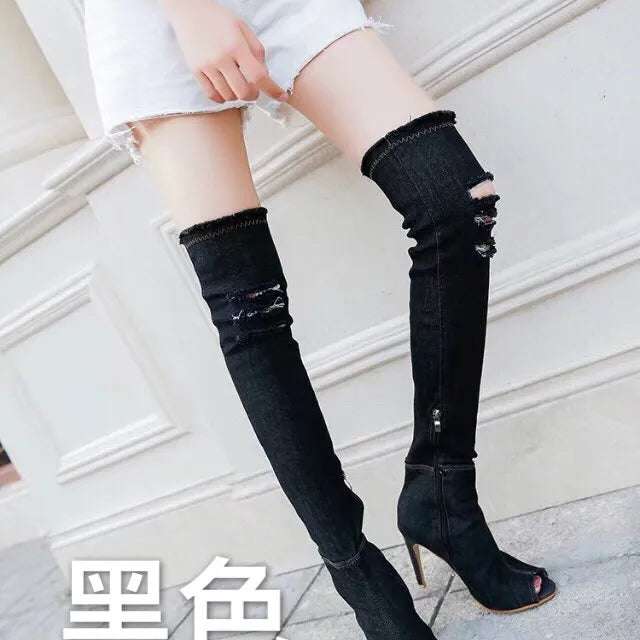 Women Boots Spring Thigh High Boots Denim Boots Women High Heels Women Shoes Peep Toe Tassel Jean Boot Ladies Shoes Boots Black