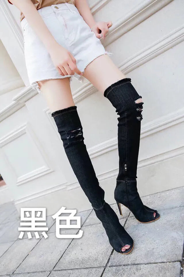 Women Boots Spring Thigh High Boots Denim Boots Women High Heels Women Shoes Peep Toe Tassel Jean Boot Ladies Shoes Boots Black