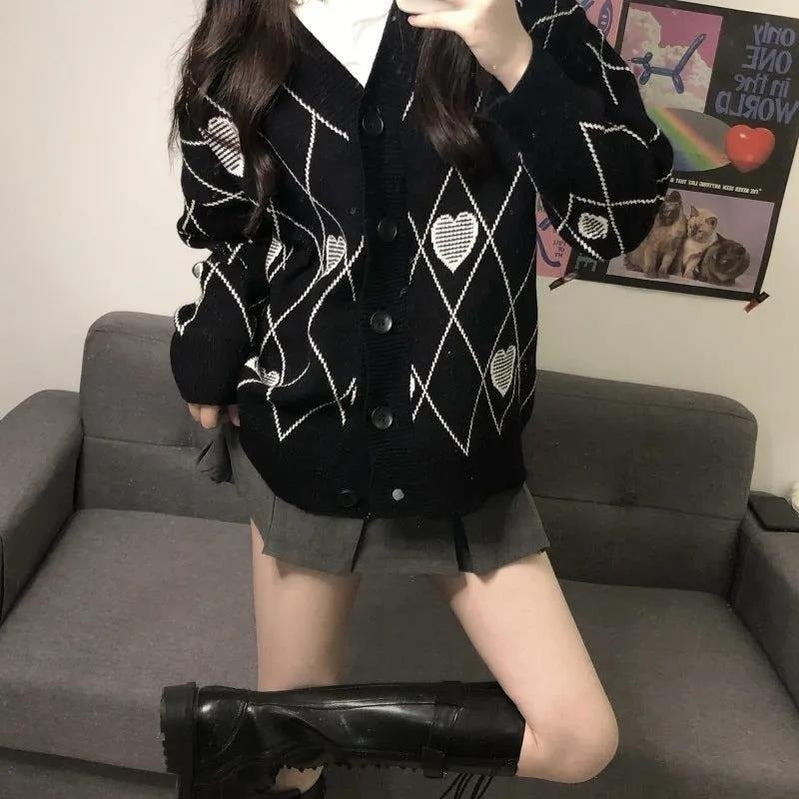 Women Knitted Cardigan Argyle Heart Pattern Jacquard Sweater Long Sleeve Love Style Coat Fall Winter Vintage Korean Tops