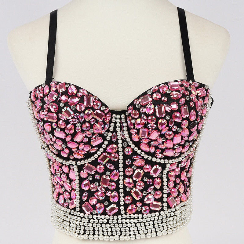 Women Tank Tops Luxury Sequined Rhinestone Pearl Wedding Push Up Bra Woman Clothes Camis Stage Ladies Crop Top Corset y2k Blusas