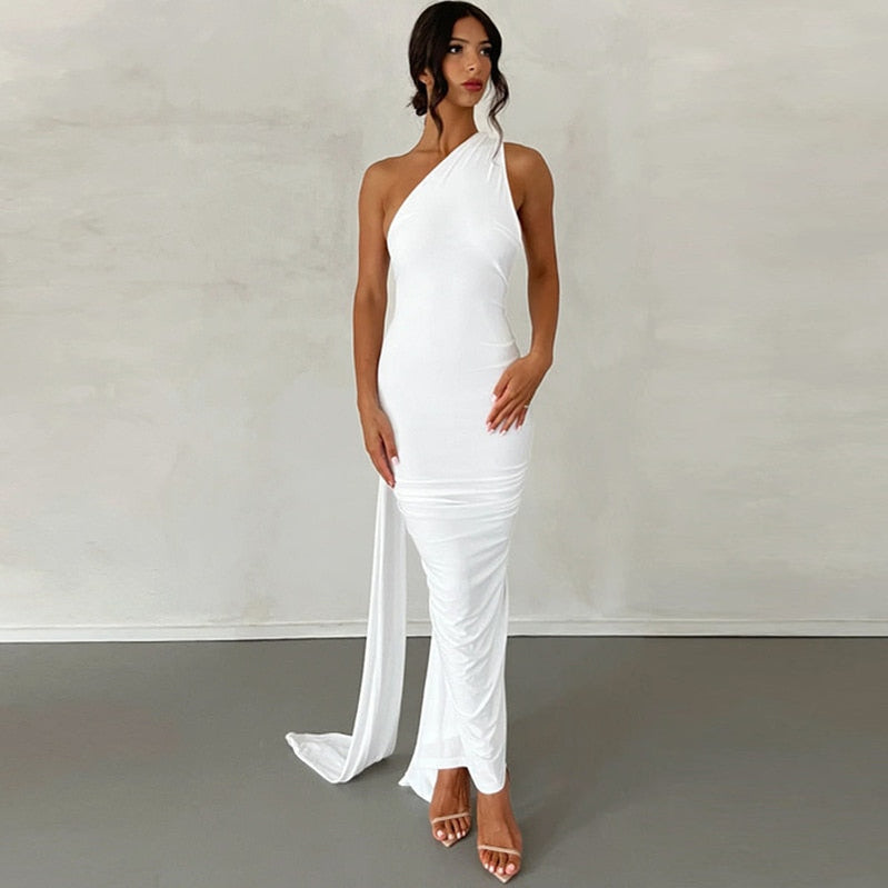 One Shoulder Backless Adjustable Scarf Loop Ruched Sexy Maxi Dress 2023 Women Elegant Y2K Vintage Dress Fashion Summer Robe Size Style1 white