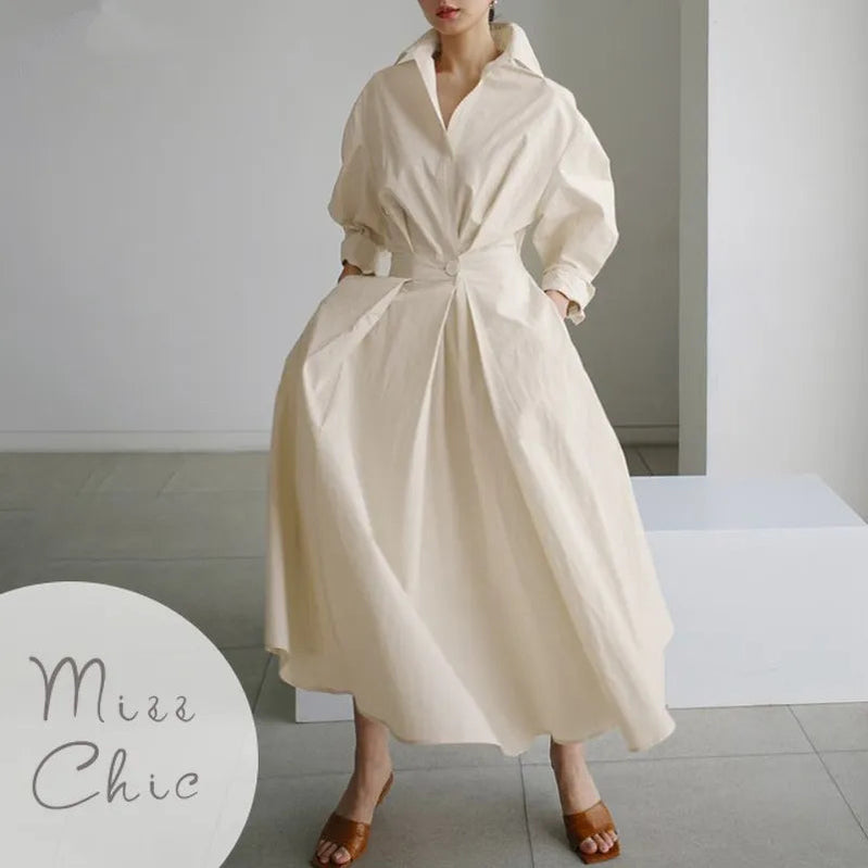 S-5XL Korean Fashion Long Sleeve Shirt Dress Chic Turndown Neck Ruched Maxi Dress Women Autumn Winter Clothes Streetwear