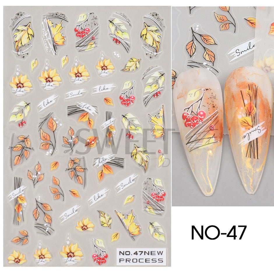 Snow Bird Winter Autumn Nail Art Stickers Maple Leaf Cotton Flower Fall Design Line Adhesive Sliders Manicure Decoration JINO-48 NO-47