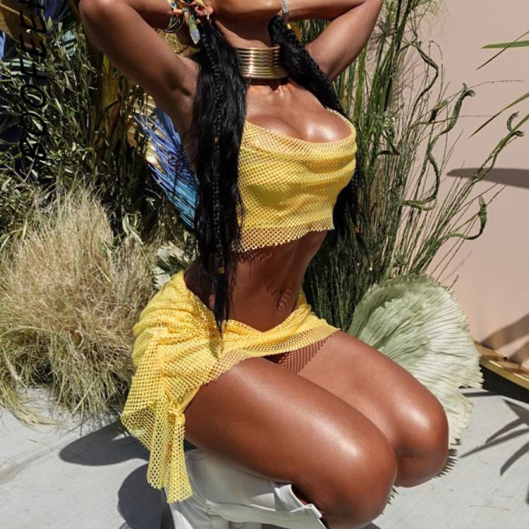 BOOFEENAA Fishnet Mesh Yellow 2 Piece Skirt Sets Sexy Summer Rave Festival Outfits New Arrivals 2023 Womans Clothing C16-CE22