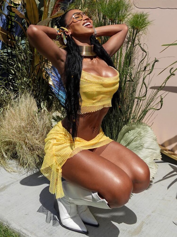 BOOFEENAA Fishnet Mesh Yellow 2 Piece Skirt Sets Sexy Summer Rave Festival Outfits New Arrivals 2023 Womans Clothing C16-CE22