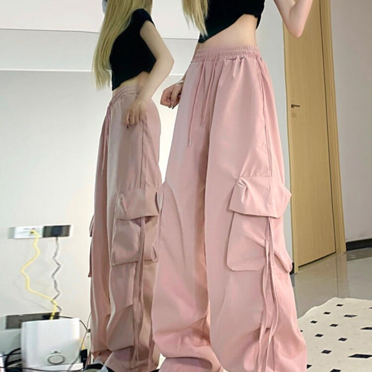 HOUZHOU Harajuku Y2k Wide Cargo Pants Women Baggy Hip Hop Style Black Parachute Pants Pink Oversized Joggers Korean Streetwear