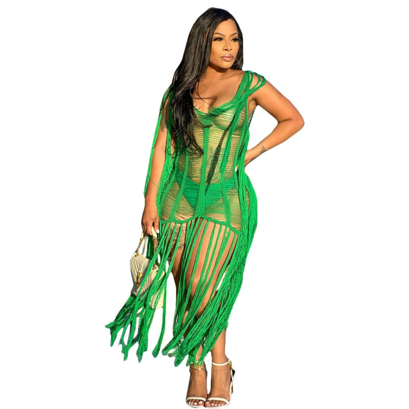 Sexy Crochet Knit Rib Tassel Mini Dress for Women Summer 2023 Fashion Sleeveless See Through Club Party Dresses Beach Wear Robe green
