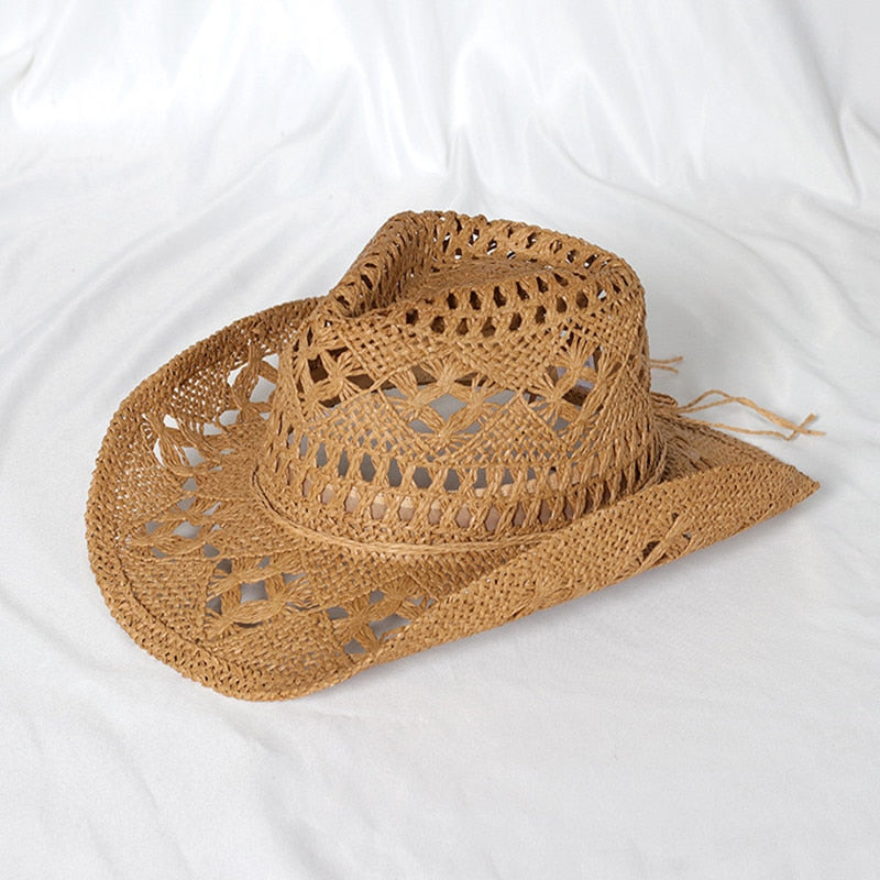 Cowboy hat fashion hollow handmade cowboy straw hat men&#39;s summer outdoor travel beach hat unisex solid color western cowboy hat 4 M55-58cm