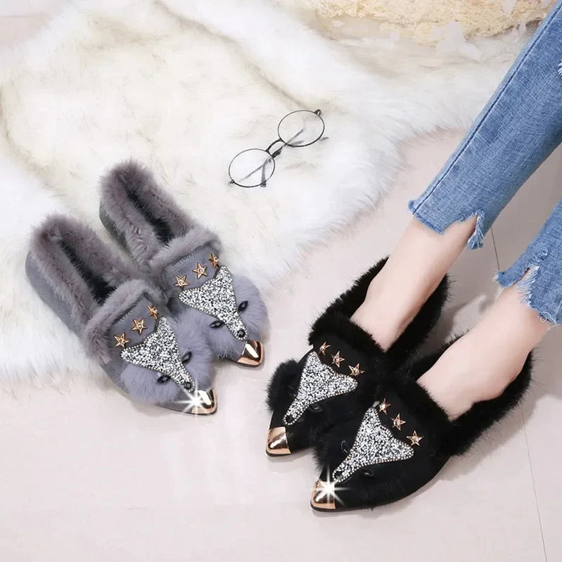 Crystal Fox Pattern Winter Flat Loafers Women Metal Pointed Toe Glitter Fur Moccasins Brand Design Ballet Flats Ladies Shoes