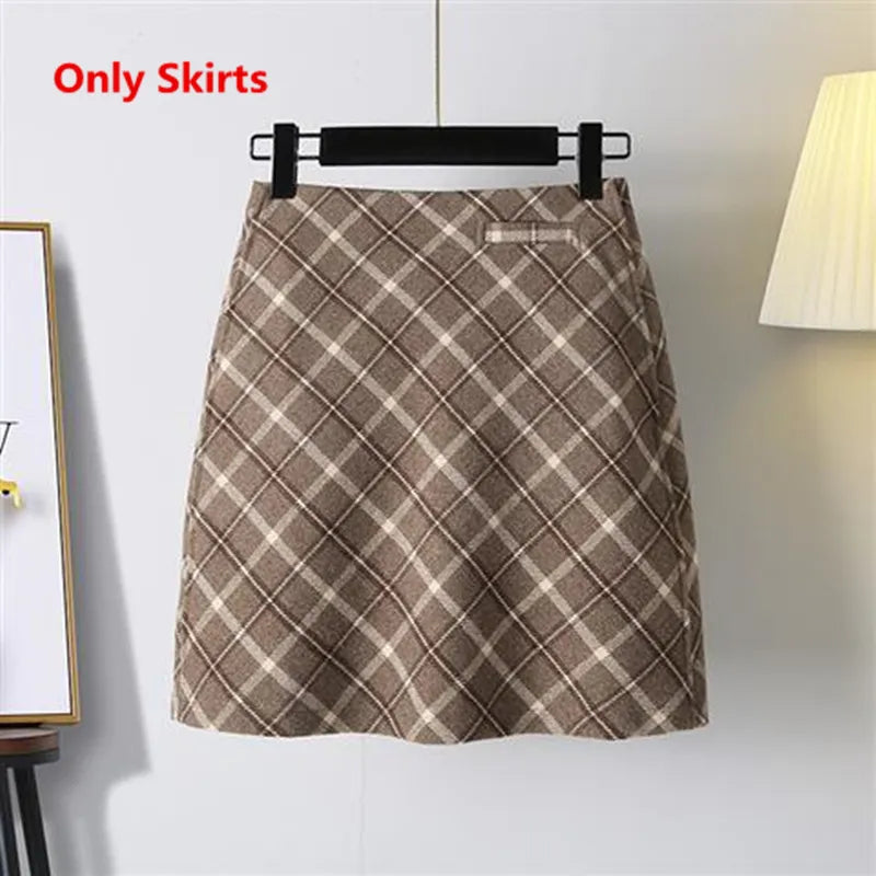 Women's Autumn Winter Lamb Coats Plaid Skirts Bottoming Tops 1 or 3 Piece Set Korean Lady Graceful Outfits Preppy Style Suits Only Skirts