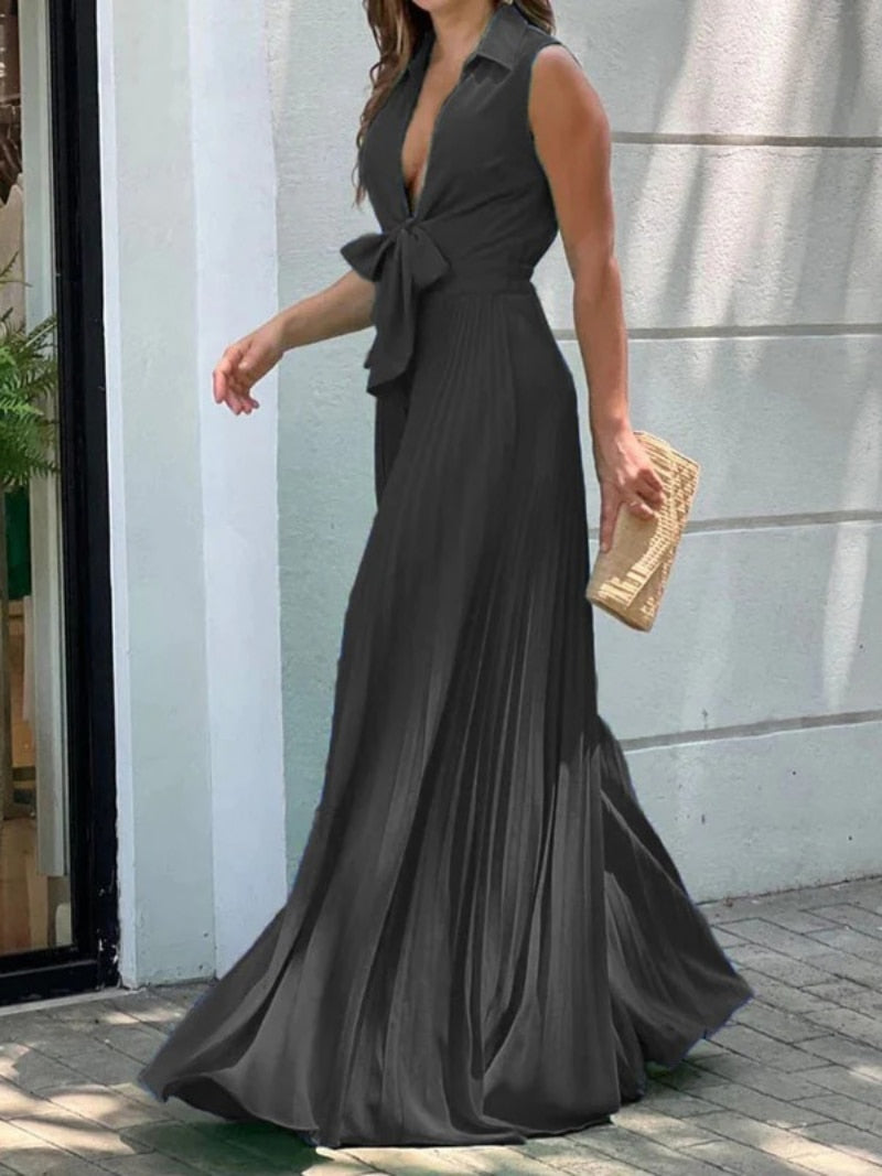 Onecozyday Stylish Sleeveless Lace-Up Pleated Deep V-Neck Sexy Jumpsuits Summer Vacation Party Prom Jump Suits For Women