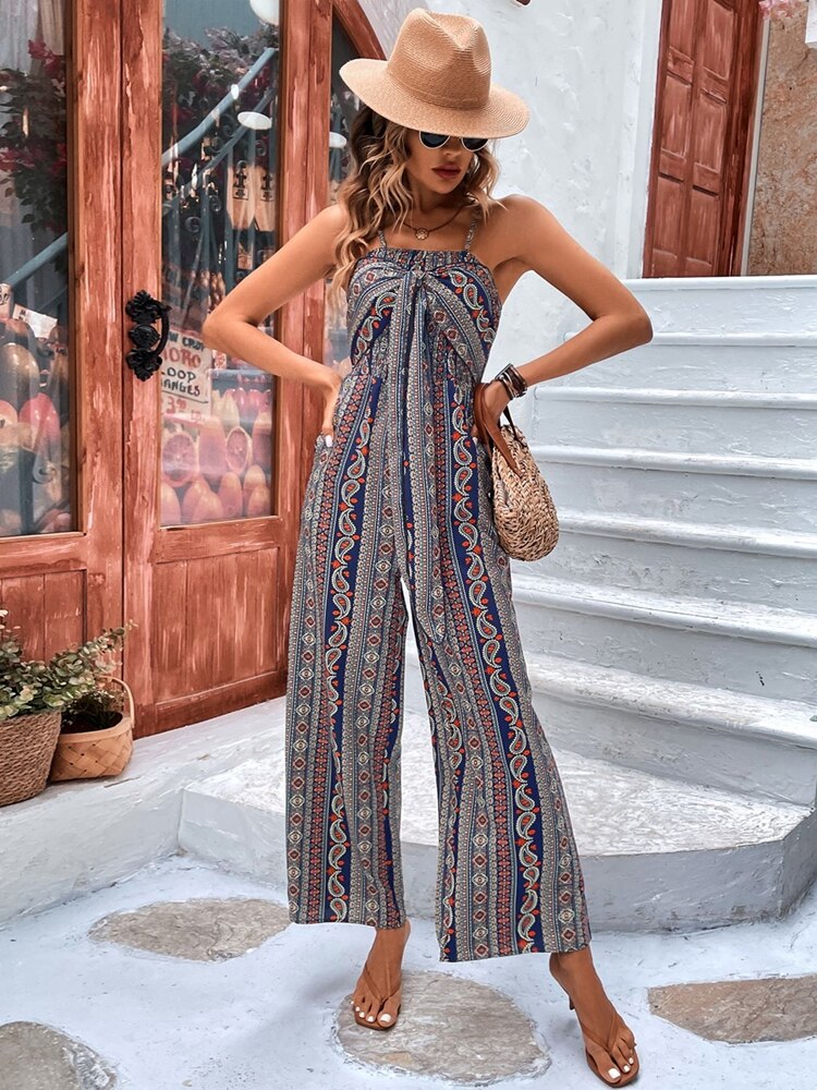 Summer Fashion Women's Wrap Python Suspender Wide Leg Jumpsuit
